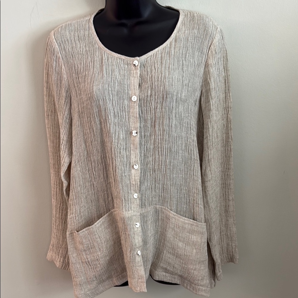 J. Jill Beige Textured Crinkle Button-Front Women's Top 100% Linen Size Small